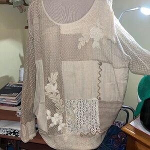 Multi textured Plus size blouse cream colored with embroidered floral design